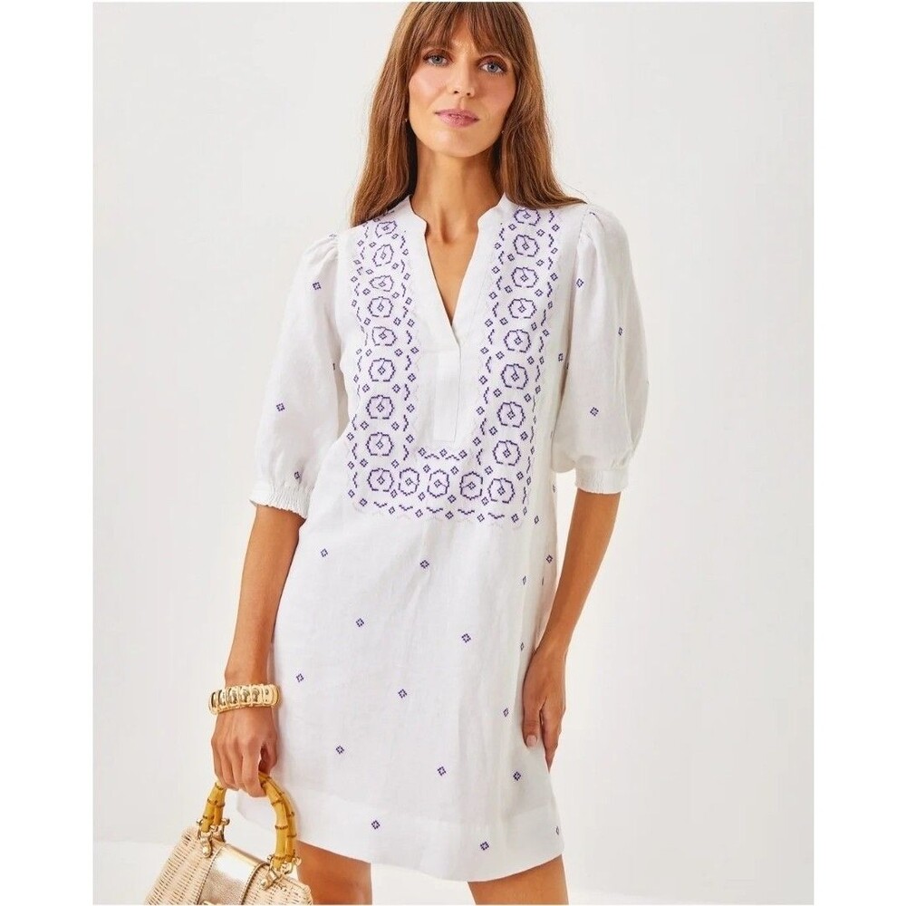 NEW Lilly Pulitzer Mialeigh Elbow Sleeve Linen Dress 4 Water Hyacinth Tunic Boho